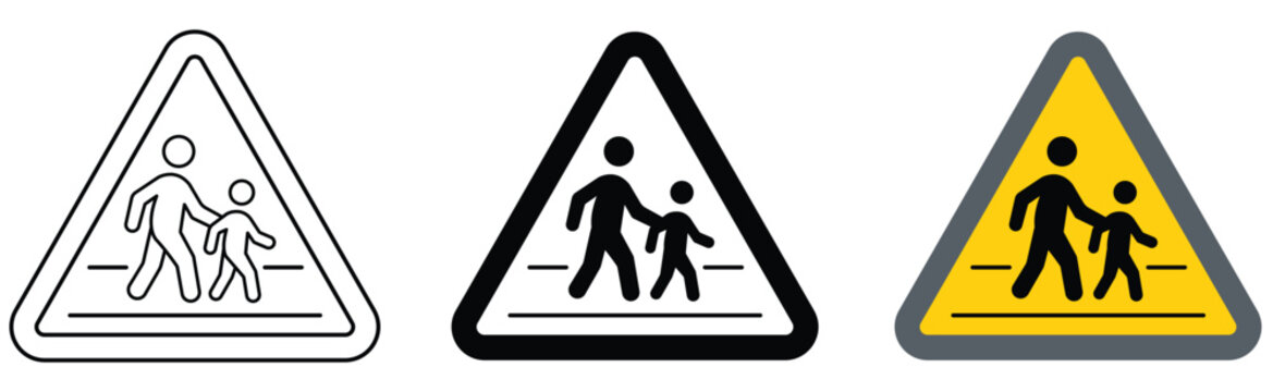 School zone pedestrian crossing warning sign vector graphic set displayed on transparent background