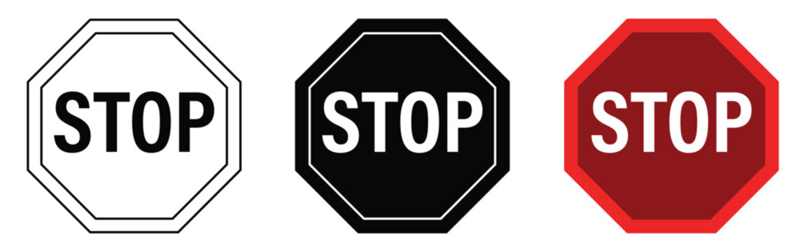 Three unique octagon stop sign vector graphic symbols presented in various styles on transparent background