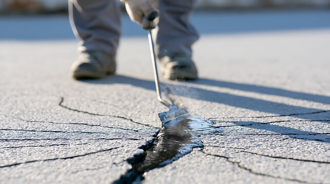 Road Repair Worker Applies Hot Asphalt Sealant to Cracks in Pavement, Maintenance Project on a Sunny Day, Close Up on Surface Work