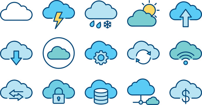 Cloud computing and technology vector icon set featuring weather elements data storage security upload download network server and internet service flat line symbols.