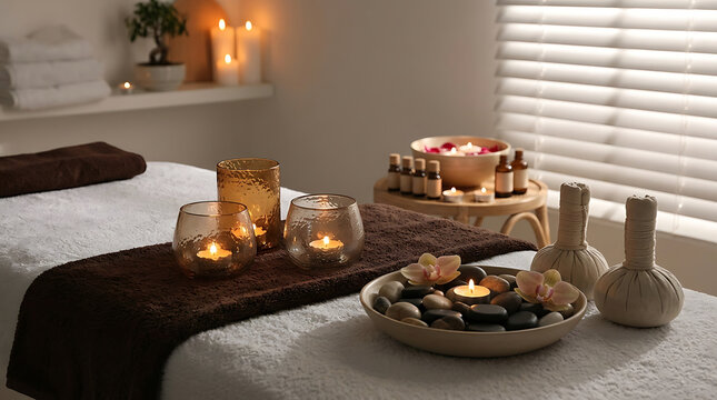 Luxurious spa table setup with candlelit desserts and warm ambiance for relaxing retreat experience