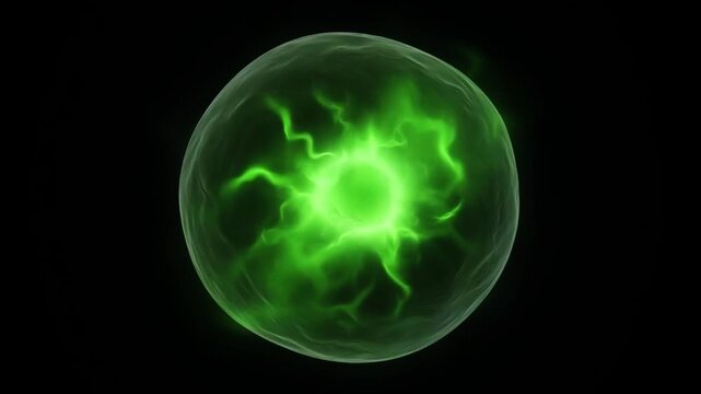 Single large bio reactor sphere with smooth organic surface and bioluminescent green glow, dark background