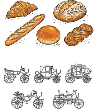 Hand drawn bakery bread vector illustration set featuring realistic sketch croissant french baguette sourdough loaf brioche bun and braided challah pastry elements