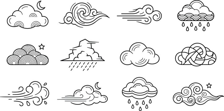 Traditional oriental cloud and wind line art vector set featuring decorative Chinese clouds Japanese wave elements weather symbols rain storm motifs and mystical curly swirls.