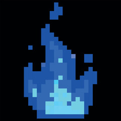 Fototapeta premium Blue fire flame pixel art vector icon, cartoon 8 bit video game painted burning bonfire, gas fuel ignition with sparks