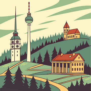 Retro style illustration of berlin landmarks and architecture with landmark