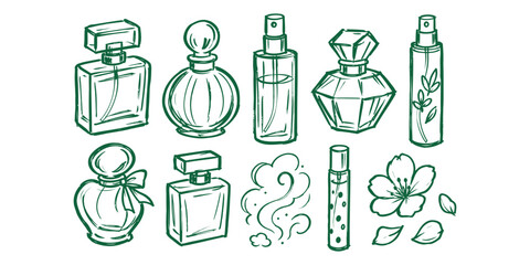 Naklejka premium perfume bottle collection and luxury fragrance cosmetic product aroma doodle icon set vector illustration