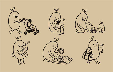 Fototapeta premium Parenting outline illustration featuring a bean character playing with alphabet blocks and holding a sleeping baby