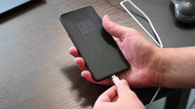 Human hand holding black smartphone with charging cable on wooden desk close up