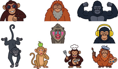 Funny monkey and ape cartoon character avatar set featuring strong gorilla cool chimpanzee smiling orangutan baboon chef artist and playful jungle primates vector collection. © belal