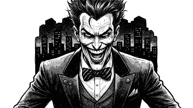 Sinister laughing villain in tuxedo suit and bow tie against dark city skyline comic sketch