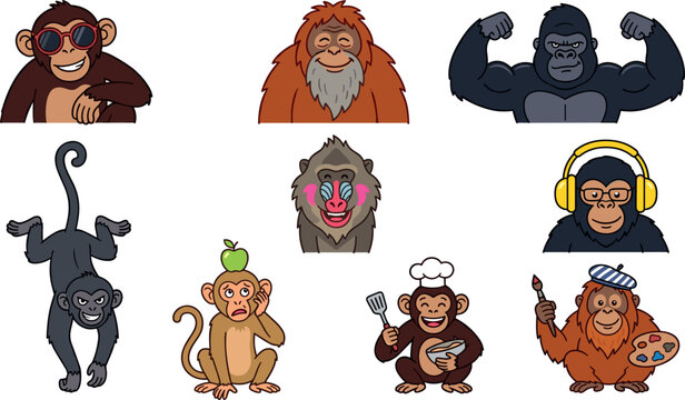 Funny monkey and ape cartoon character avatar set featuring strong gorilla cool chimpanzee smiling orangutan baboon chef artist and playful jungle primates vector collection.