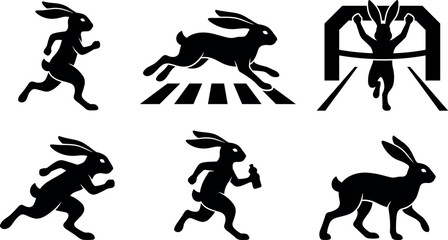 Athletic Race Hare Silhouette Set with Running Jackrabbit Crossing Finish Line Sprinting Over Zebra Crossing and Drinking Water Icons for Wildlife Sport Graphics © MdImran
