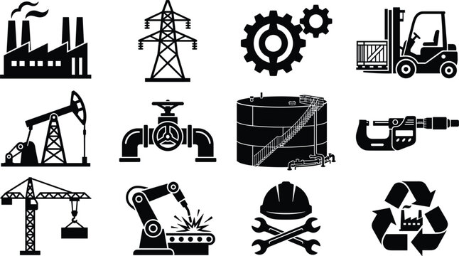 Industrial manufacturing and oil industry icons set with engineering equipment and factory symbolsIndustrial manufacturing and oil industry icons set with engineering equipment and factory symbols