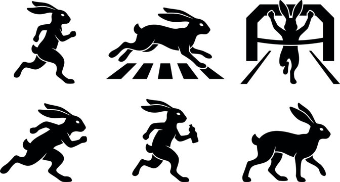 Athletic Race Hare Silhouette Set with Running Jackrabbit Crossing Finish Line Sprinting Over Zebra Crossing and Drinking Water Icons for Wildlife Sport Graphics