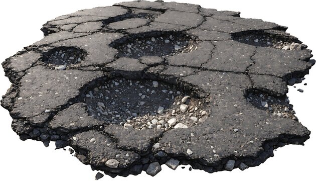Realistic damaged asphalt road featuring potholes cut out White background with shadow. AI GENERATED.