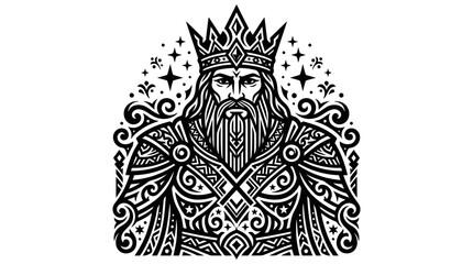 Fototapeta premium Tribal style black and white illustration of a bearded king wearing a crown and detailed armor