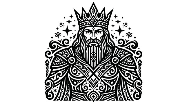 Tribal style black and white illustration of a bearded king wearing a crown and detailed armor