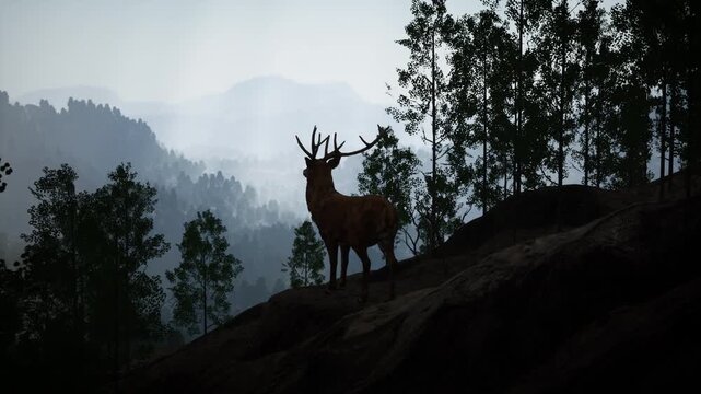 Cinematic Panning Shot of Red Deer Stag on Rocky Hillside