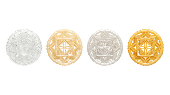 Four decorative metallic coins with ornate embossed patterns PNG on white background