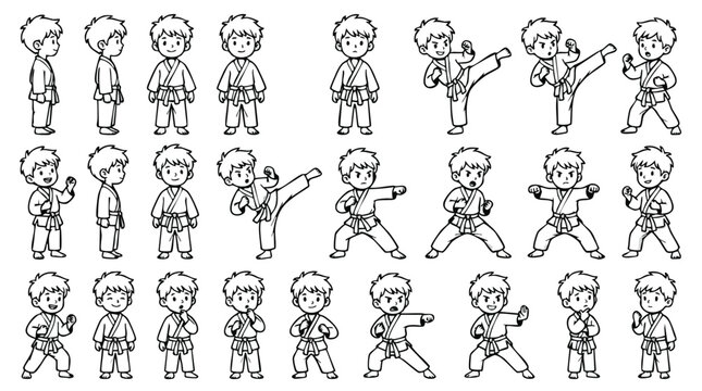 Karate Boy Consistent Character Sheet with Martial Arts Poses Line Art