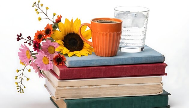 Stack of books with flowers coffee and glasses cut out White background with shadow. AI GENERATED.