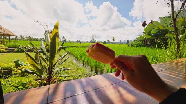 First Person View Holding Fruit Ice Cream Above Tropical Rice Fields, Refreshing Dessert And Relaxed Vacation Lifestyle In Countryside Setting