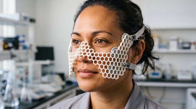 Mujer usando m&aacute;scara facial tecnol&oacute;gica de cer&aacute;mica en laboratorio