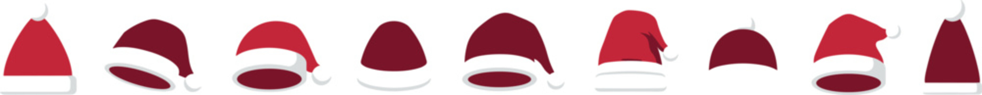 Christmas Santa Claus Hat Vector Icon Set Featuring Diverse Flat Red Cap Shapes with Fluffy White Brim and Pompom Borders Arranged in a Row