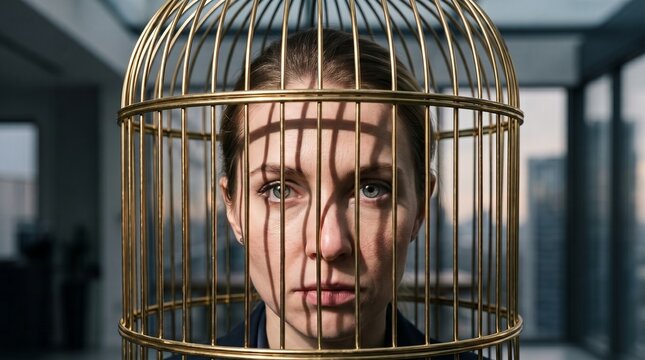 Retrato de estudio de mujer dentro de una jaula dorada
