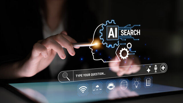 Close-up View of Person Using Tablet with AI Search Interface Featuring Modern Technology and Innovative Features for Future Solutions. Glyphic.