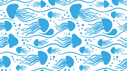 Seamless pattern featuring cute blue jellyfish silhouettes and bubbles on a plain white background © Md
