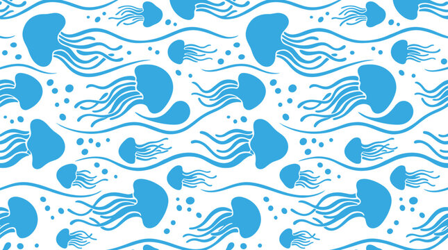 Seamless pattern featuring cute blue jellyfish silhouettes and bubbles on a plain white background