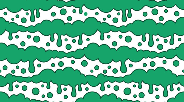 Seamless pattern featuring green slime drips and polka dots on a plain white background, for use