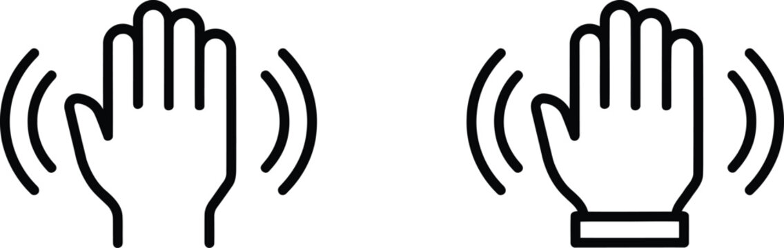 Hand hello icons set, waving hand gestures, greeting symbols, hi, bye, wave, and goodbye communication icons for social media and web applications.
