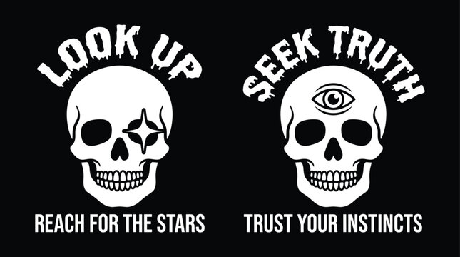 White skull with text, one featuring a star symbol in the eye and the other with a third eye, isolated on a black background, for apparel