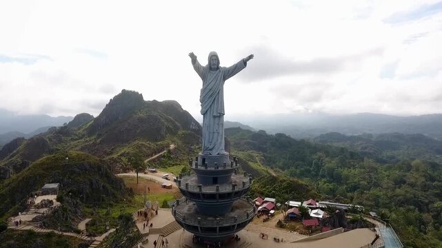 Drone View of Jesus Statue Landmark in Tana Toraja South Sulawesi