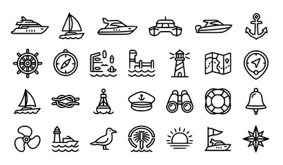 Professional Yacht and Boating Outline Icon Set Editable Stroke Thin Line Vector Illustration © MDSabbir