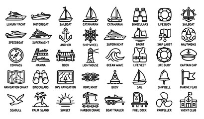 Modern Yacht and Nautical Outline Icons Editable Stroke Vector Collection for Marine Design © MDSabbir