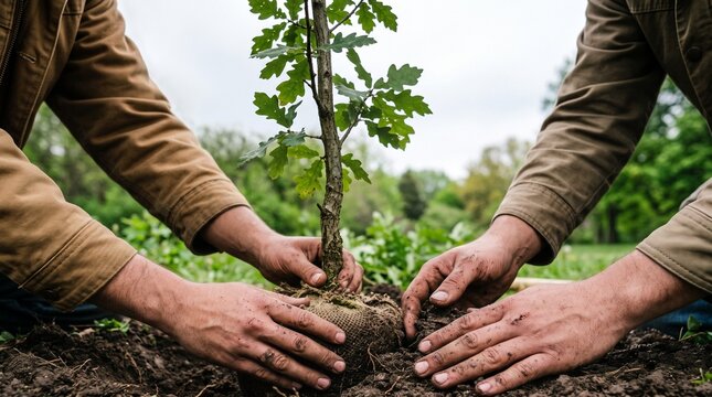 Two volunteers planting a young oak tree sapling in fertile soil for environmental restoration and reforestation efforts in a lush green garden 