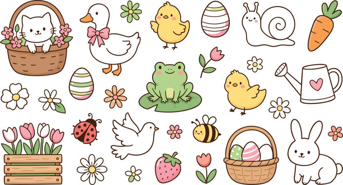 Cute Easter and spring vector illustration element set featuring cartoon animals flowers eggs and garden elements