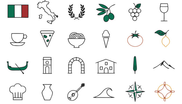 Italian culture icons collection with flag map laurel wreath olives grapes wine cup pizza pasta gelato tomato lemon gondola tower arch house cypress mountains chef vase mandolin wave compass rose