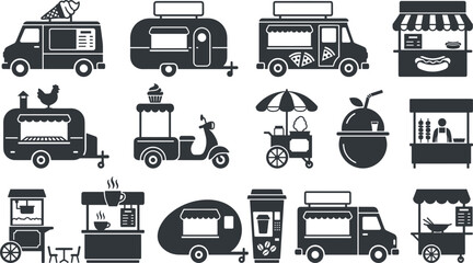 Food truck silhouette icon set featuring mobile catering vans street food carts kiosks trailers and fast food stands vector illustration © Utpal