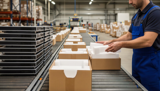 Warehouse worker in blue overalls packaging manufactured computer hardware equipment components into cardboard boxes with foam protection lining on a conveyor belt line