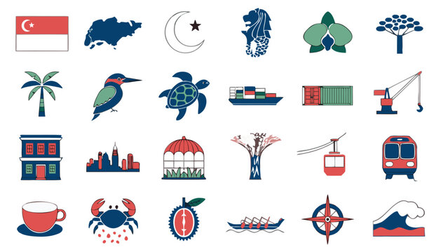 Singapore icons collection with flag map moon lion orchid tree palm bird turtle ship crane building skyline pavilion gardens cable car train coffee crab durian boat compass wave