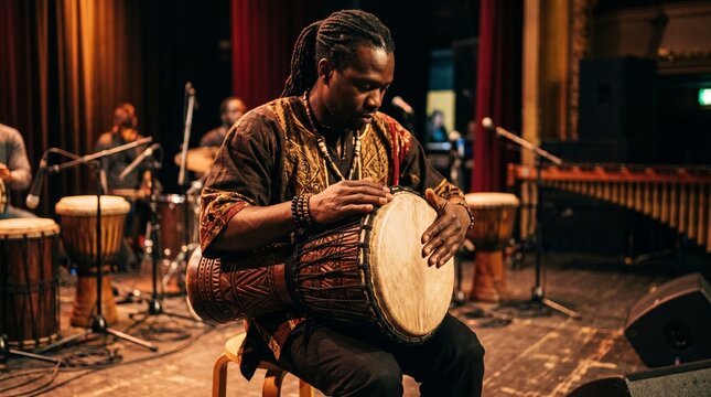 African drummer playing djembe instrument live.