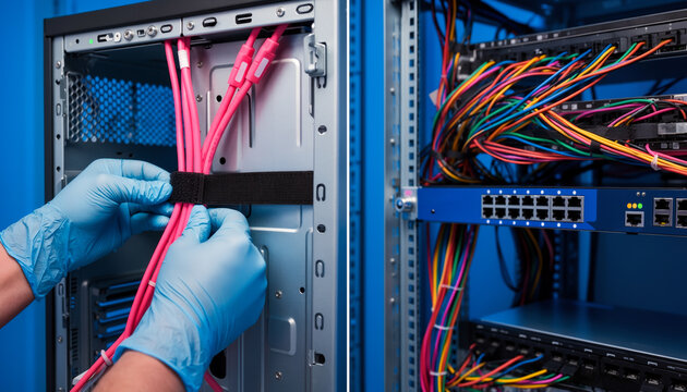 Close up of hands in blue nitrile gloves fixing pink wires with a strap inside a computer case near an ethernet network switch rack panel filled with cables