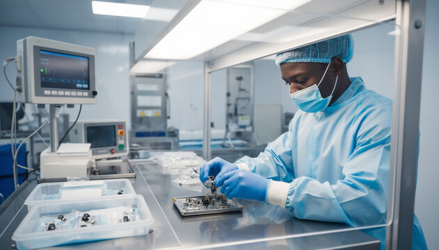 African American male scientist in sterile blue gown and mask assembling intricate microelectronics parts inside a high tech cleanroom laboratory workstation