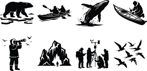Arctic expedition and polar wildlife black silhouette icon set for outdoor adventure graphics © Abdul