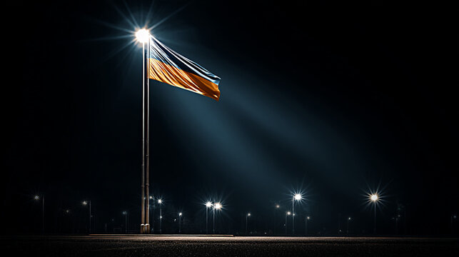 Ukrainian flag waving on a flagpole illuminated by bright lights at night, with a dark background and multiple light sources creating a dramatic effect